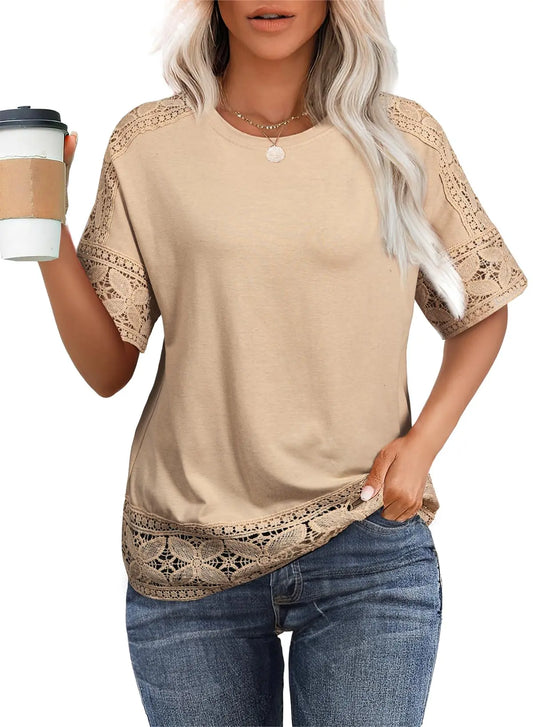 EVALESS Spring Outfits for Women 2024 Crewneck Short Sleeve Lace Sleeve Plain Shirts Khaki Dressy Casual Work Tops for Women Soft Knitted Blouses with Flowy Dressy Casual Boho Clothing Trendy Small