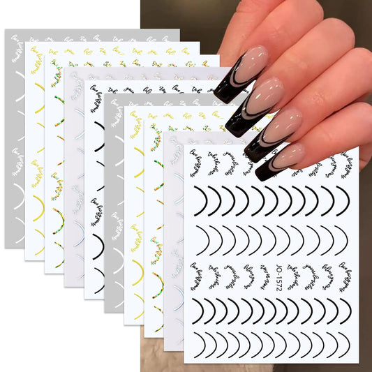ROFIBUT French Nail Art Stickers Curve Line Nail Decals 3D Self-Adhesive Metal U-Shaped Lines Stripe Nail Sliders Holographic Gold Silver Line Design for Women Girls Nail Decorations 10 Sheets