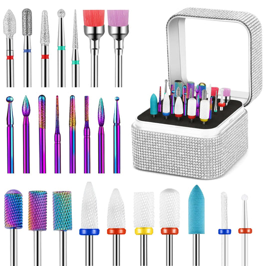 25Pcs Nail Drill Bits Set with Rhinestone Holder 3/32 Inch Ceramic Diamond Carbide Cuticle Efile Remover Nail Drill Bit for Home Salon Acrylic Gel Polish Manicure Pedicure