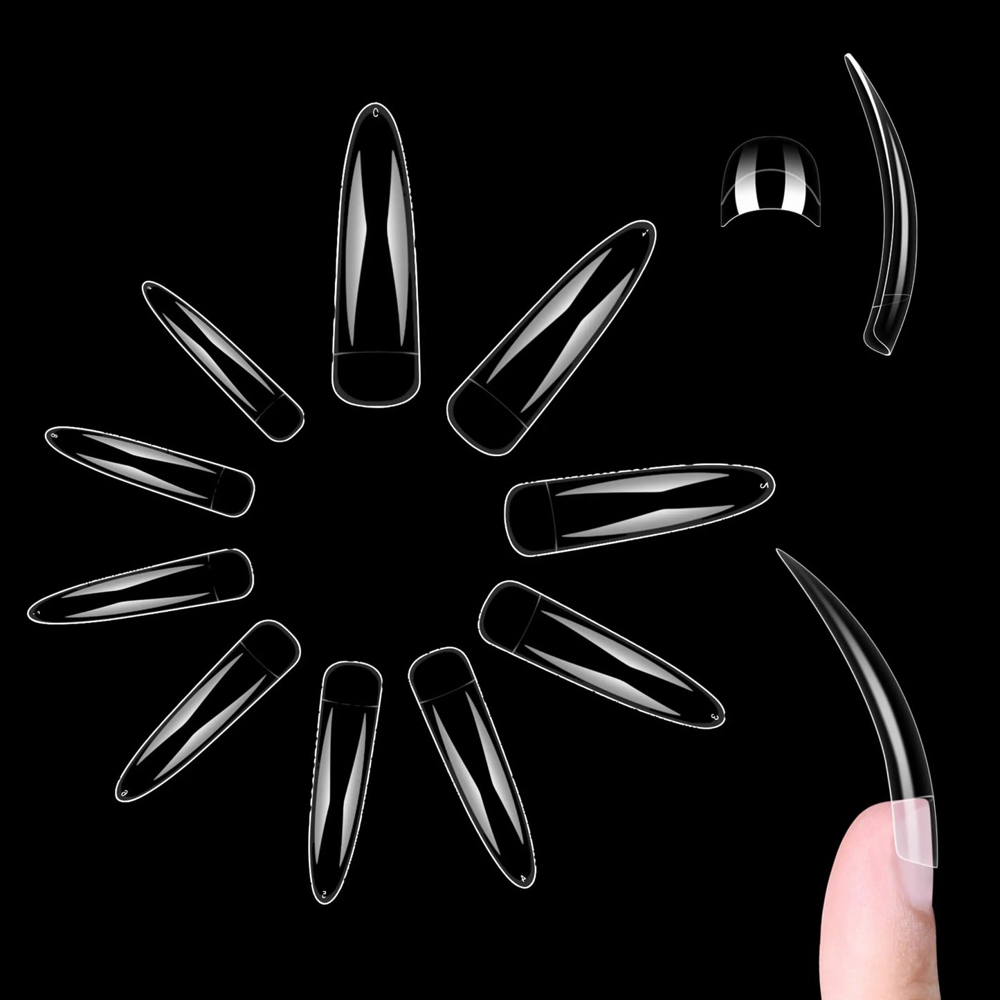 NOVO OVO 500 pcs Extra Long Hawk Curved Stiletto/Almond Nail Tips XXL 2XL Sharp False Nails for Acrylic Clear QUEEN STILETTO CURVE Eagle Claw Half Cover Gel Extension x 10 Sizes in Bag for Salon