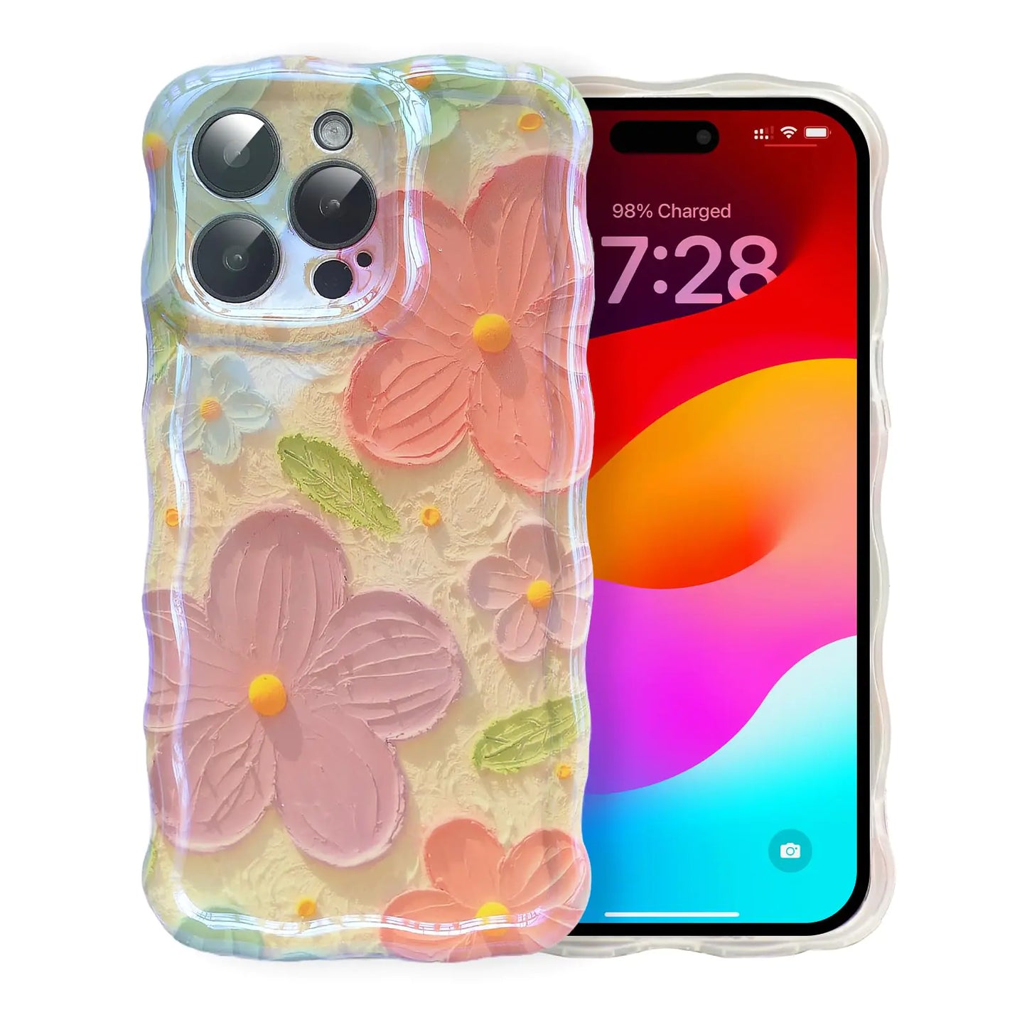 Varluft Case for iPhone 15 Pro Max Vintage Oil Painting Printed Flowers for iPhone 15 Pro Cases Cute Shiny Curve Edge Woman Phone Case Girly Aesthetic (Pink)