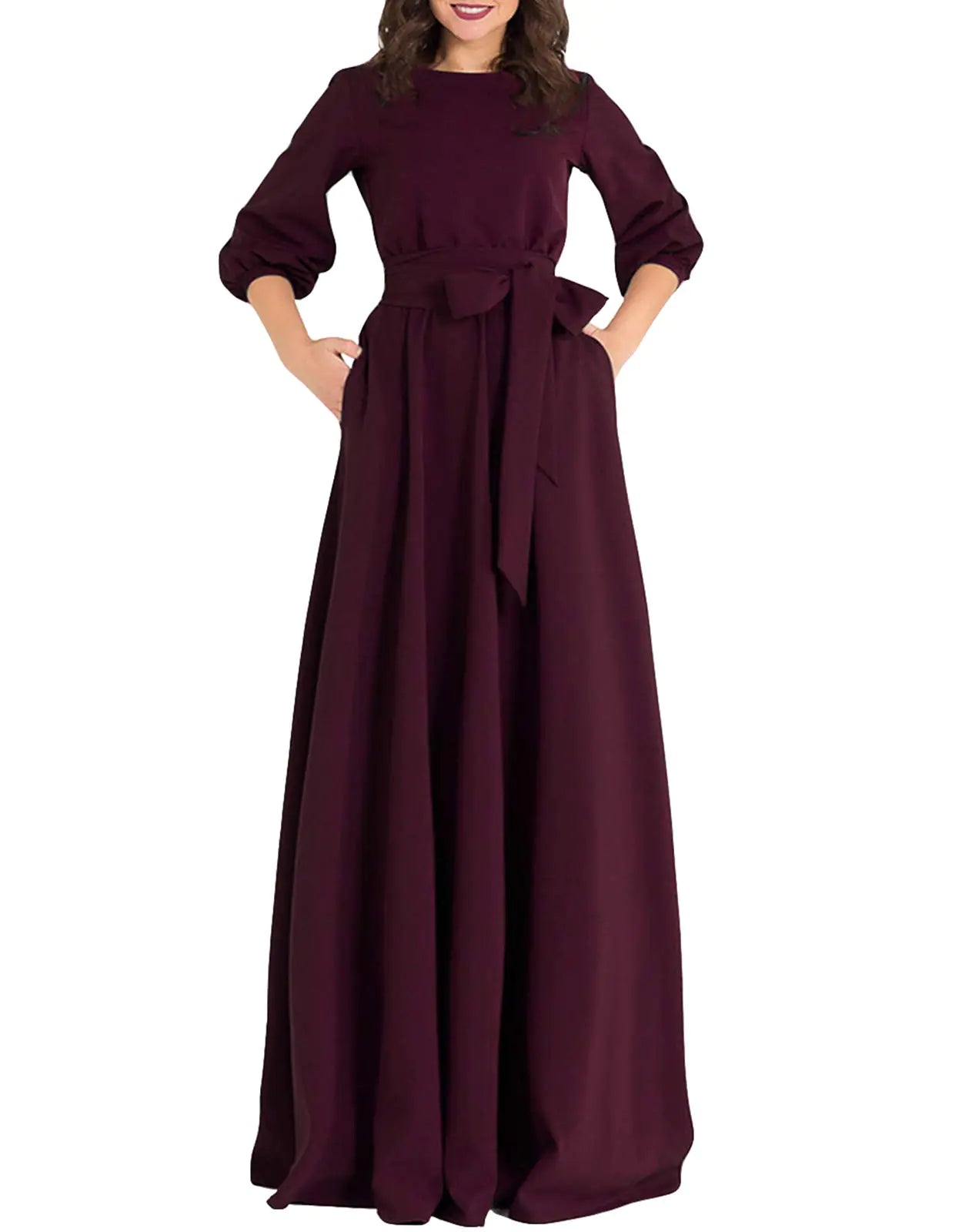 AOOKSMERY Women Elegance Audrey Hepburn Style Round Neck 3/4 Puff Sleeve Swing Maxi Dress Long Belt Dresses with Pockets (Wine Medium)