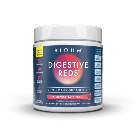 BIOHM Digestive Reds Superfood Powder Antioxidants Vitamins Probiotics Digestive Health for Women and Men Digestion Supplement with Enzymes Beets Goji Pomegrante Red Berry Flavor