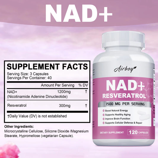 NAD+ Resveratrol Supplements - Natural Energy, Anti-Aging and Cellular Health, Strengthens the Immune System - 120 Capsules 