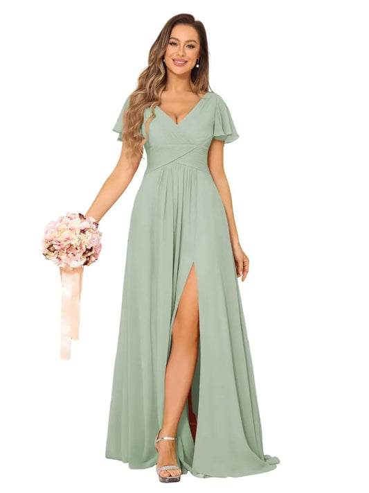 YMSHA Womens V Neck Beach Bridesmaid Dresses with Pockets High Low Aline Pleated Formal Evening Dresses Sage 6