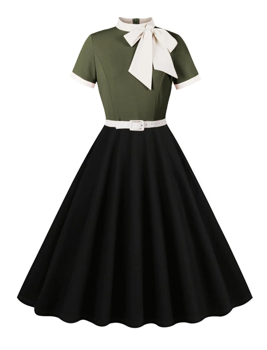 50s Style Dresses for Women Vintage Short Sleeve Tie Neck Swing Dress 1950s Dresses Contrast Color 50s Dresses for Women Retro Audrey Hepburn Church Dresses Tea Party Dress Army Green 2XL
