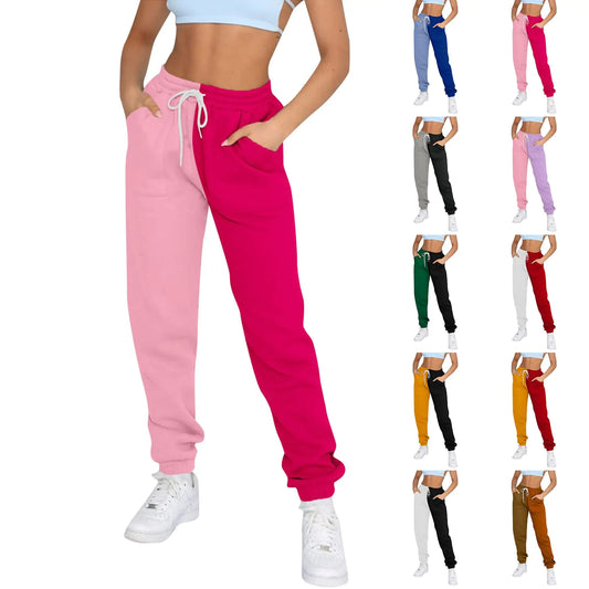 Cotton Joggers for Women Y2k Color Block Baggy Fleece Lined Sweatpants Casual Drawstring High Waisted Athletic Works Jogger Pants with Pockets Teen Girls Cute Elastic Waist Track Workout Sweat Pants