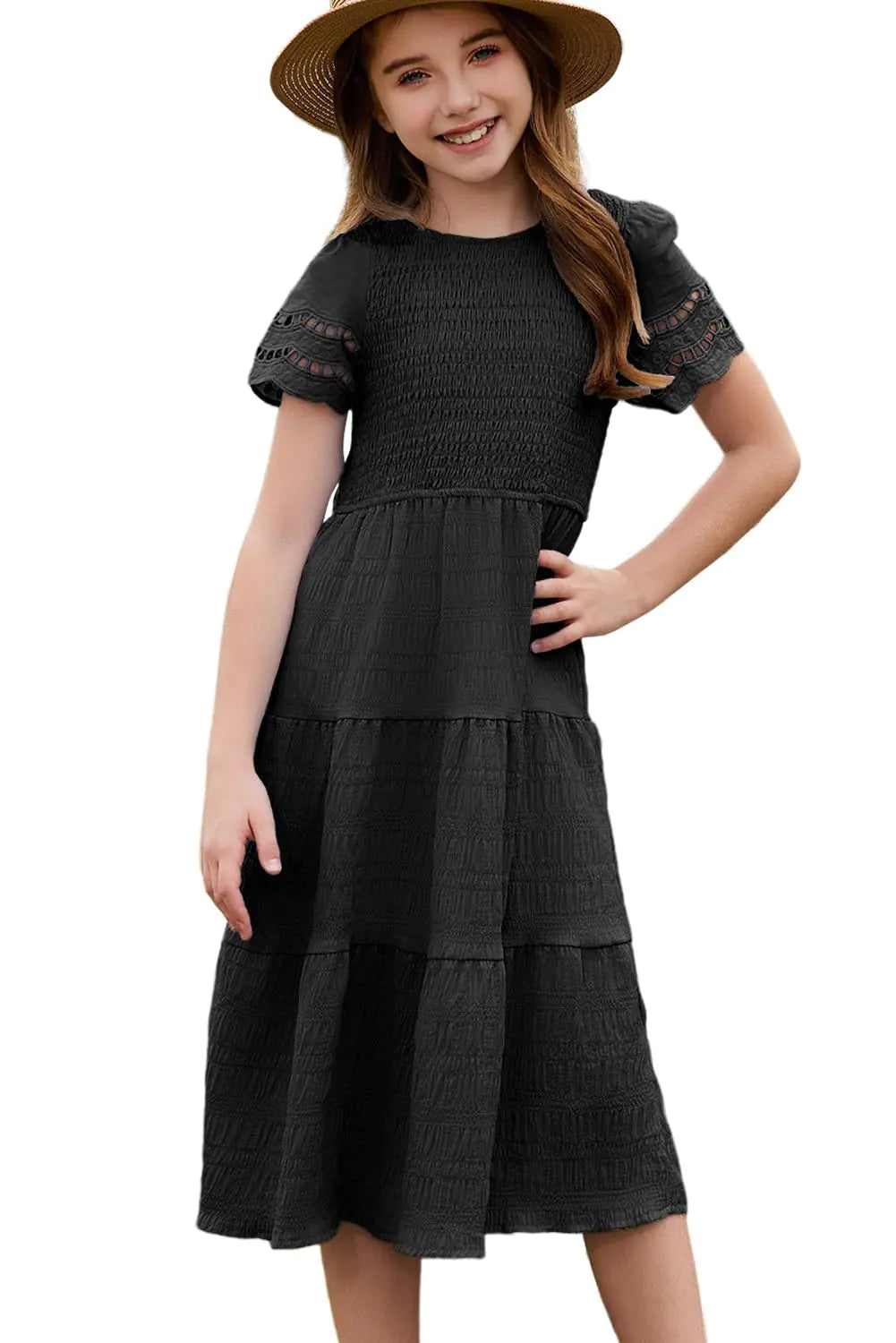 blibean Girls Summer Short Sleeve Dresses Big Kid Boho Dressy Smocked Textured Semi Formal Dress Little Girl Solid Fancy Flare Party Clothes Casual Outfit Size 6-7 Year Old Black