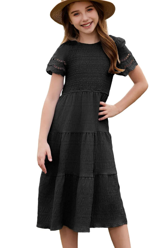 blibean Girls Summer Short Sleeve Dresses Big Kid Boho Dressy Smocked Textured Semi Formal Dress Little Girl Solid Fancy Flare Party Clothes Casual Outfit Size 6-7 Year Old Black