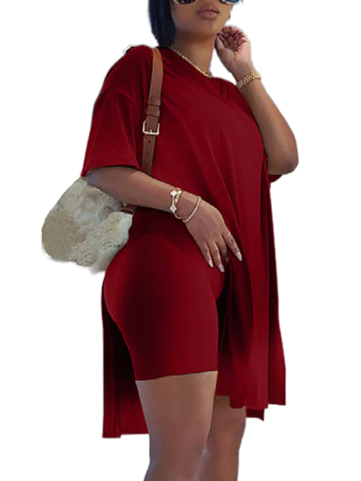 qfmqkpi Two Piece Outfits for Women Shorts Set Lightweight Tops High Waist Athletic Shorts Set Plus Size Wine Red XXL
