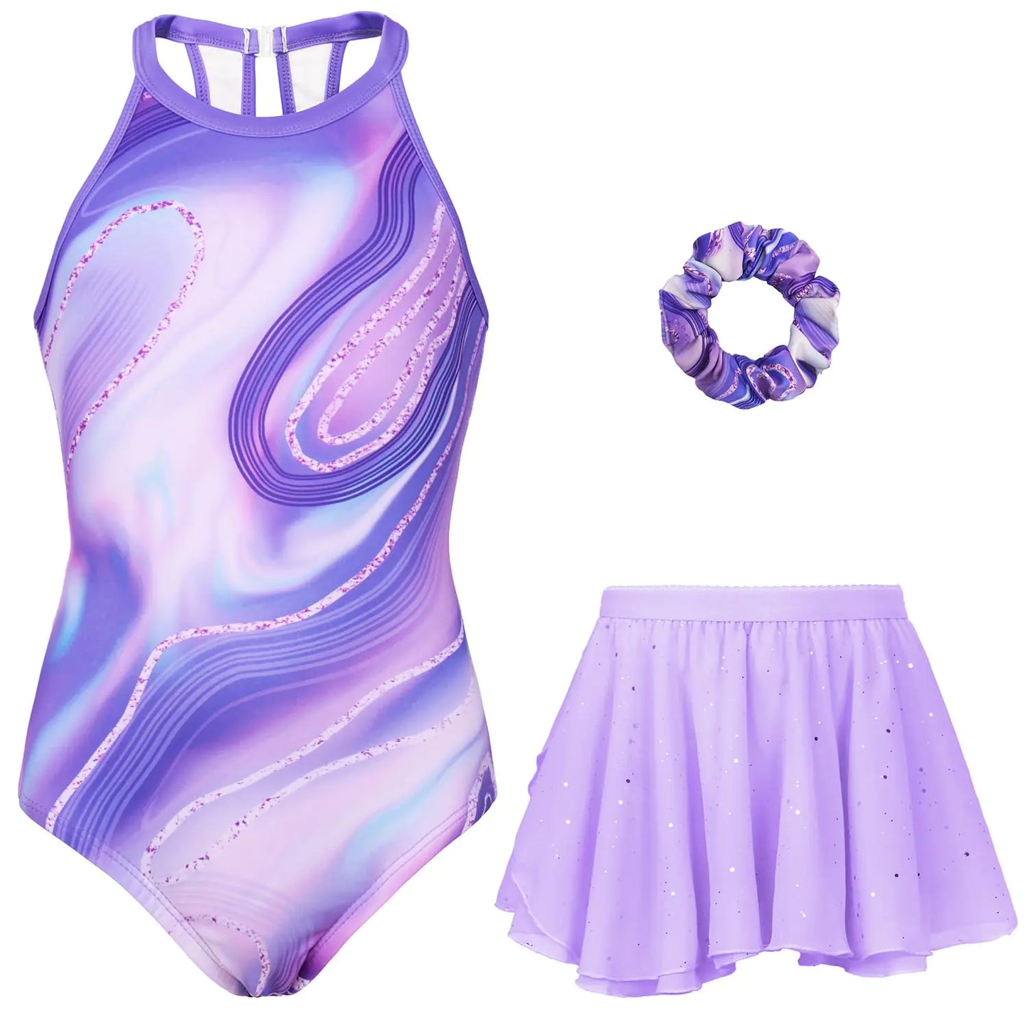MODAFANS Gymnastics Leotards for Girls With Skirt Sparkly Ballet Dance Activewear Purple Line10-11Years