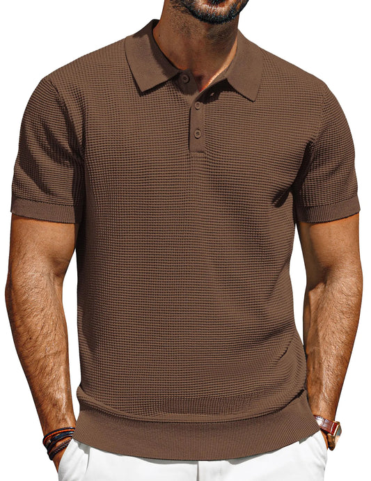 PJ PAUL JONES Mens Casual Knit Polo Shirts Short Sleeve Waffle Knitted Polo Regular Fit Vacation Shirt Coffee Green XXL