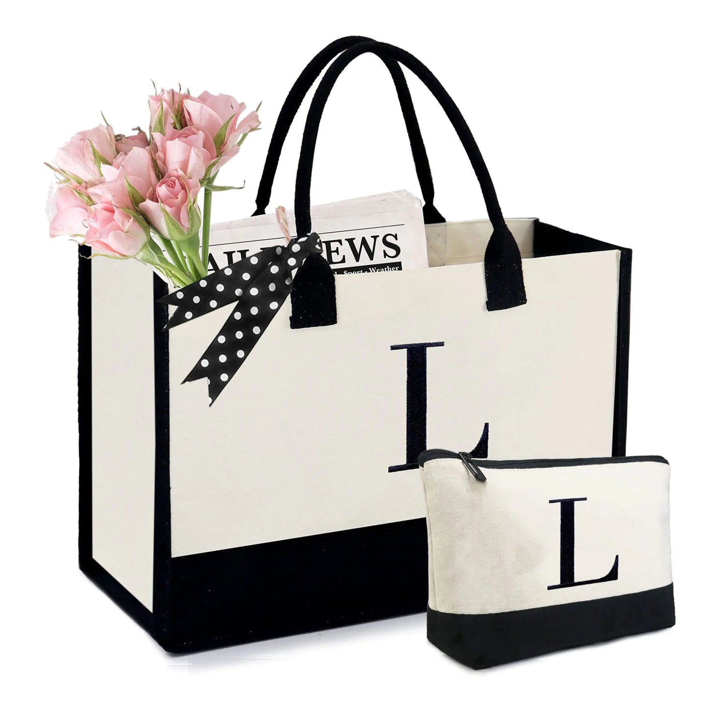BeeGreen Personalized Gifts Bag for Mother Hostess Friends Birthday Wedding Bridesmaid Valentines Day Initial Canvas Tote Bag with Comestic Bag Monogram Tote Bags w Removable Bottom Letter L