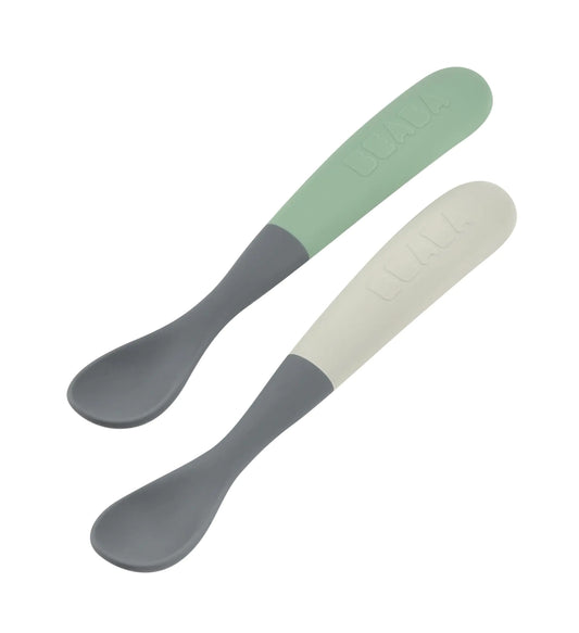 BEABA Babys First Foods Spoon Set with Travel Case Two Tone Silicone Baby Spoons Baby Essentials Baby Spoons Travel Set Baby Gifts Mineral