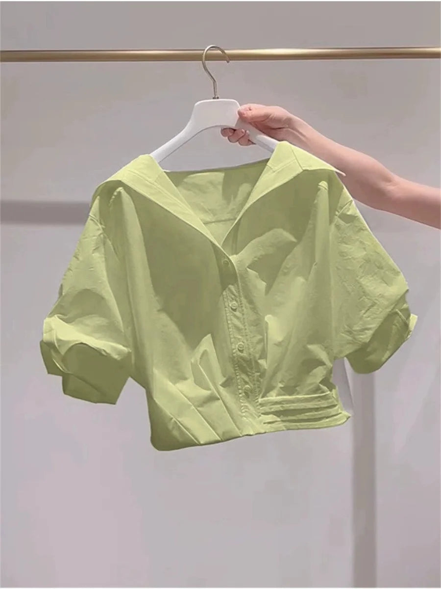 Blue White Lapel Bubble Sleeve Shirt Women's Casual Summer New Loose Fit Cropped Top Korean Version Elegant Female Clothing