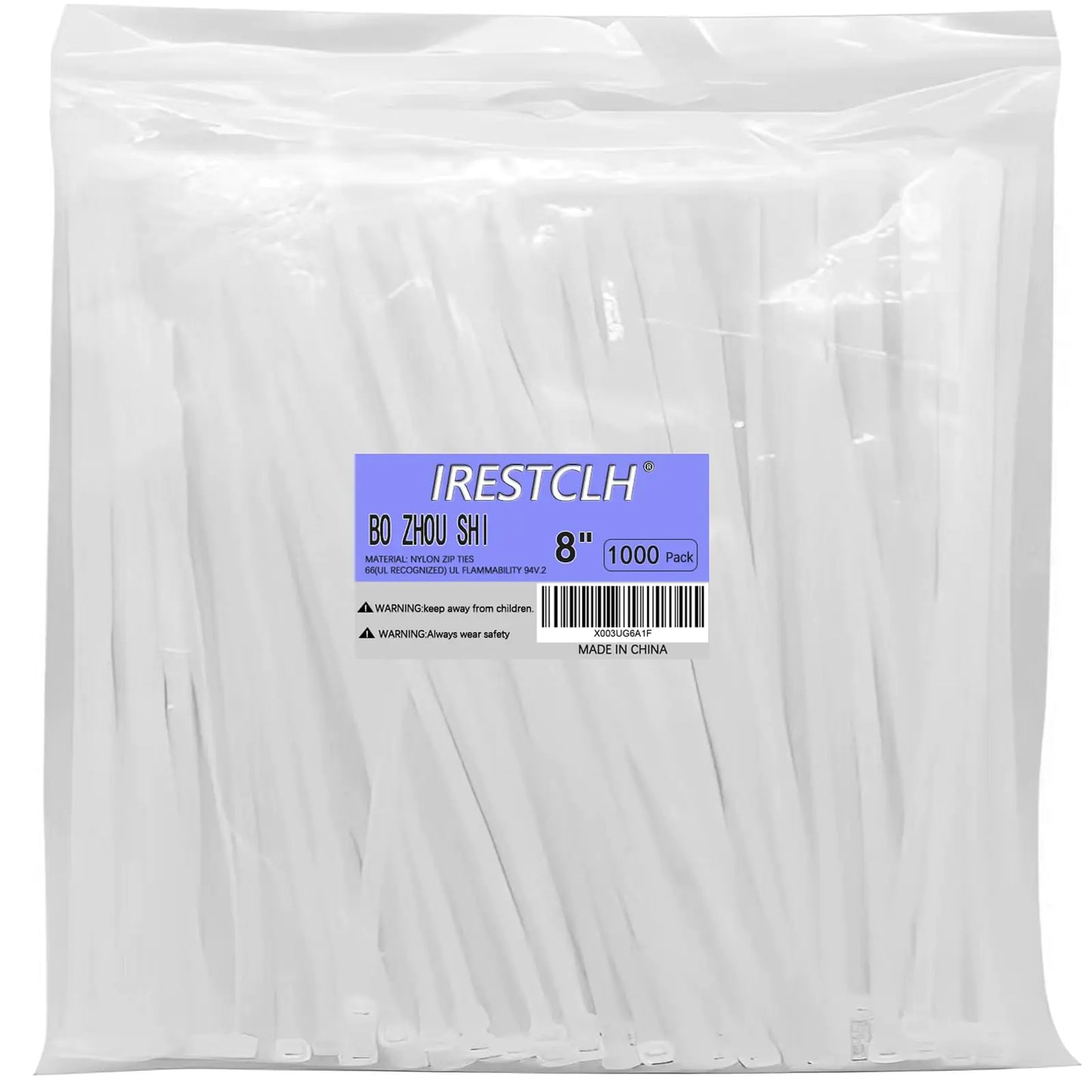 White Zip Ties 8 Inch (1000 pack) Heavy Duty Self Locking clear Zipties Bulk Tensile Strength 40 Pound Clear Industrial 8" Cable Ties Wraps for Home Office Garden Fence Garage indoor outdoor