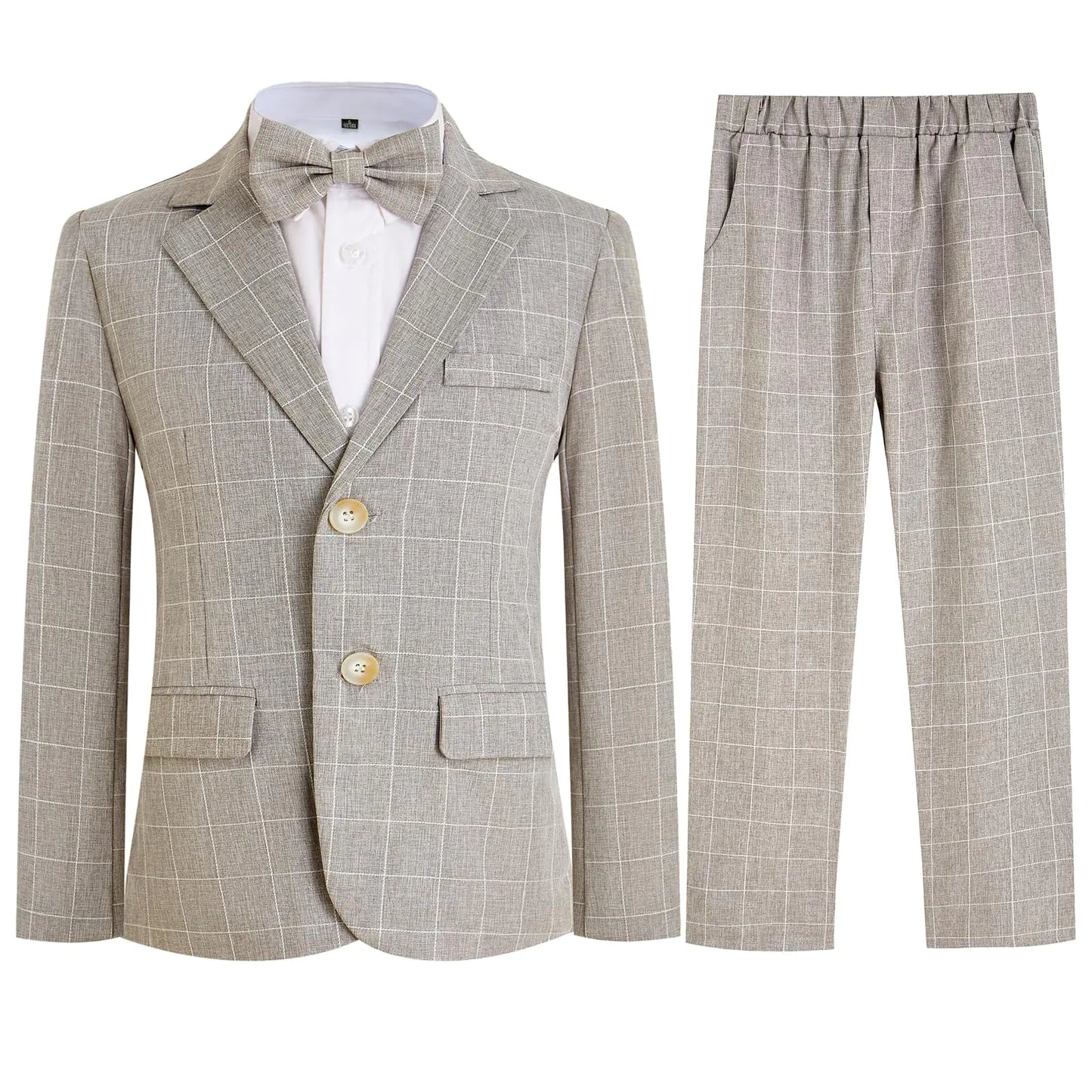 Boys Plaid Suit Set 3 Pieces Blazer Vest Pants Classic Formal Suit for Wedding Party Light Gray