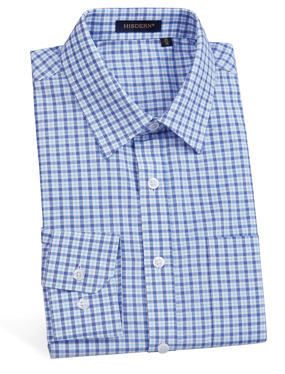 HISDERN Mens Dress Shirts Long Sleeve Blue White Plaid Button Down Shirt Men Casual Gingham Button Up Shirt Formal Business Work Wedding Party