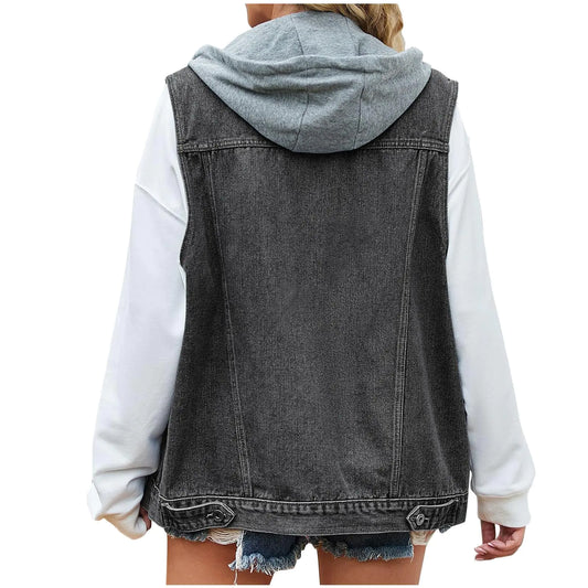 E-843 Black Women Turtle Neck Denim Outfits Casual Jacket Hood Coats for Women Long Rolled Sleeve Loose Fit Western with Hood Plain Winter Fall Outfits 2024 Clothing MN XL
