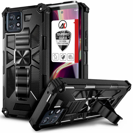 Lothartech for Motorola Edge+ 2023 | Moto Edge Plus 5G UW 2023 | Edge 40 Pro Case with Curve Tempered Glass Military Grade Rugged Protective Cover with Kickstand Shockproof - Black