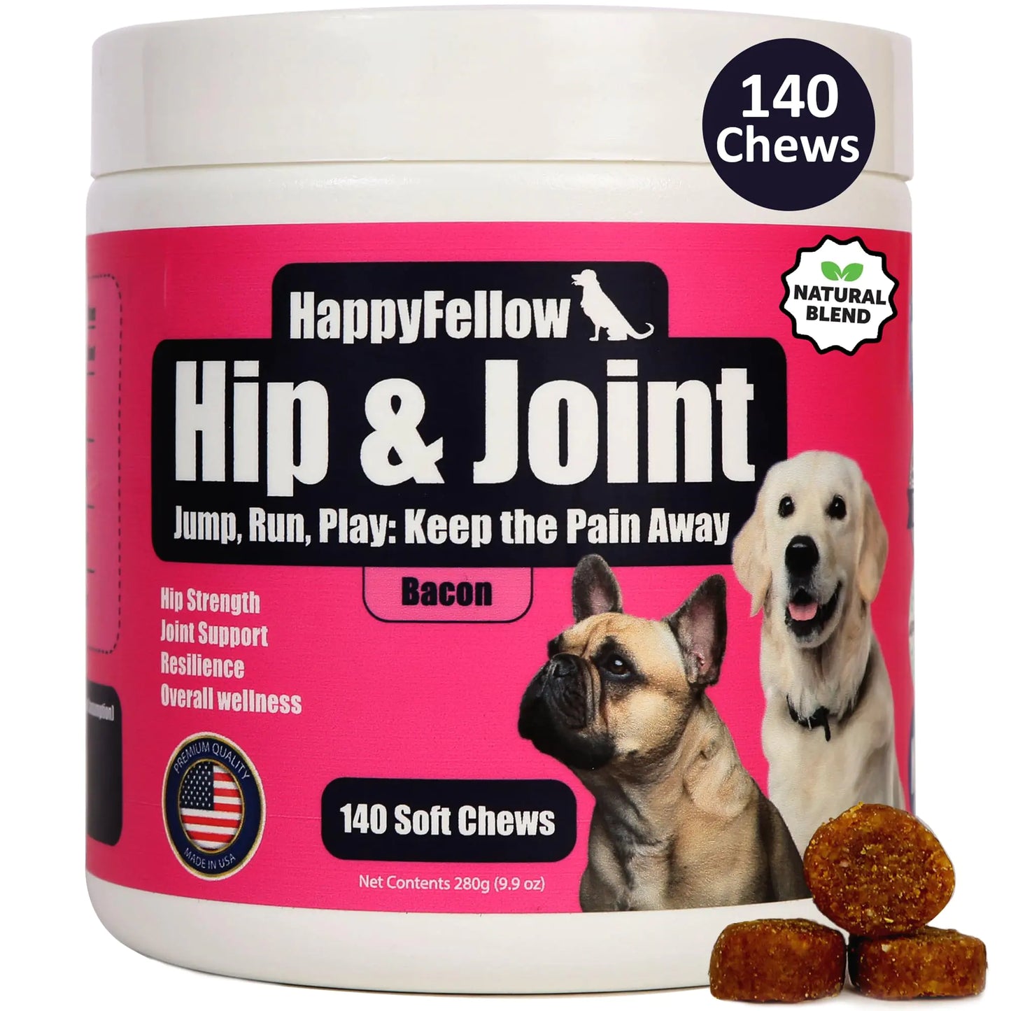 HappyFellow Hip and Joint Supplement for Dogs - Chondroitin Glucosamine for Dogs Dog Joint Supplement - Dog Vitamins and Supplements - 140 Soft Chews