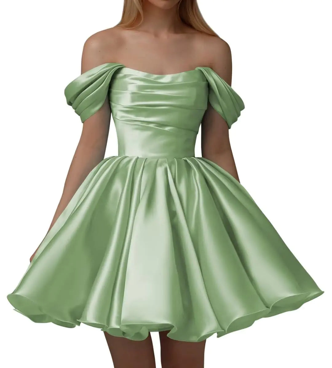 Women’s Off Shoulder Satin Homecoming Dresses A Line Short Pleated Strapless Prom Dresses for Wedding Sage Size02