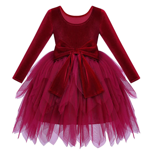 IDOPIP Toddler Baby Girls Velvet Tutu Dress Bowknot Tulle Ruffle Long Sleeve Princess Christmas Birthday Party Dresses Fall Winter Clothes Kids Vintage Holiday Pageant Dress Outfit Red 5-6 Years