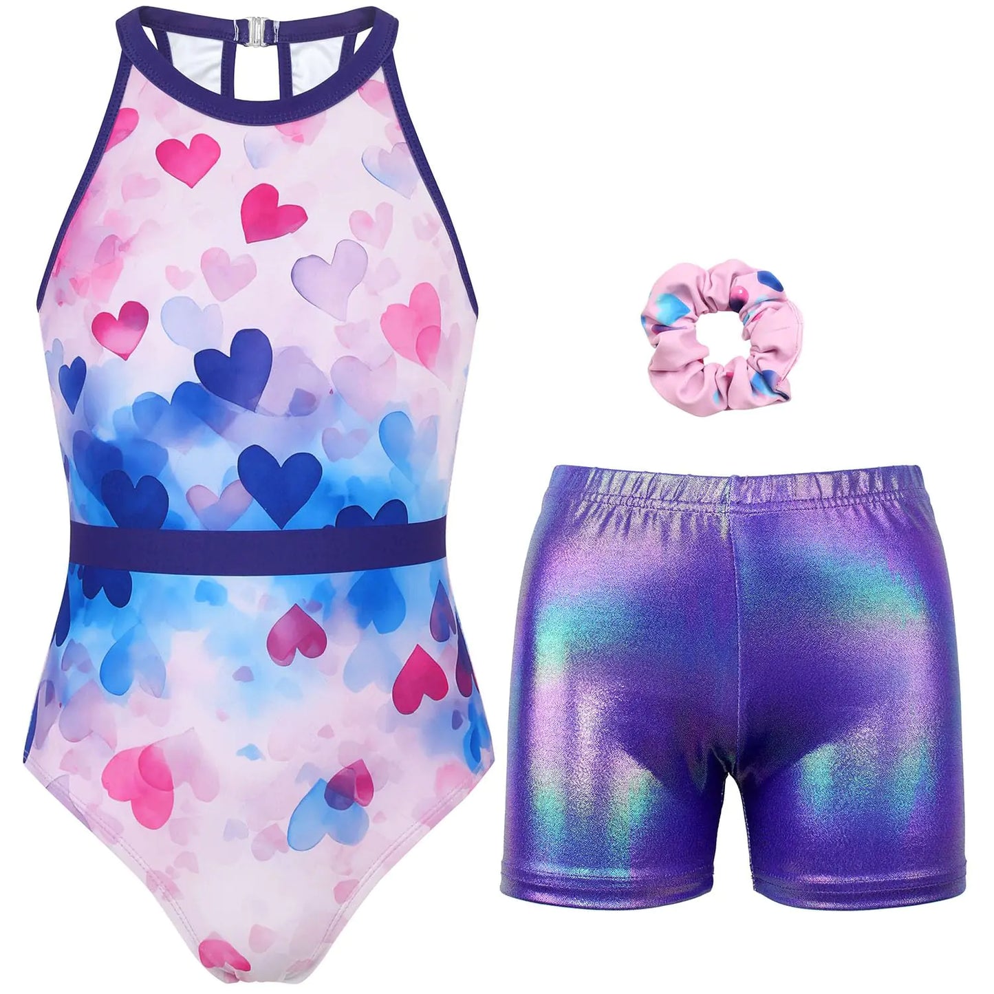 MODAFANS Gymnastics Leotards for Girls With Shorts Tumbling Dance Clasp Back Activewear Heart Bubble8-9Years