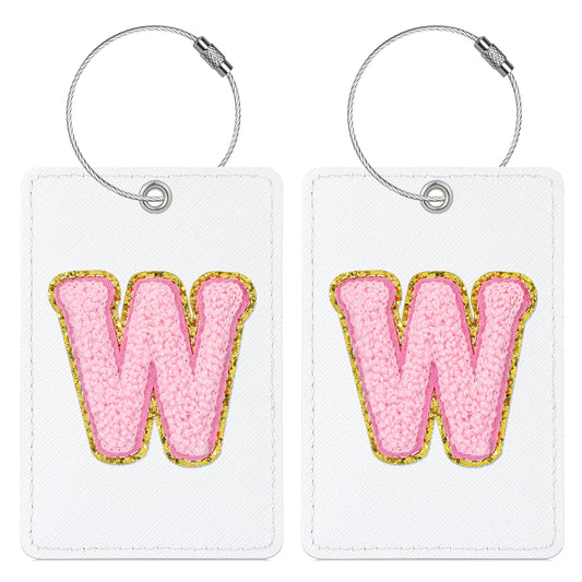 Sodsay 2 PCS Initial Luggage Tag Luggage Tags for Suitcases Cute Embroidered Letter PU Leather Travel Bag Baggage Tags ID Label with Steel Loops for Women Kids Teens(W White Leather+Pink Letter)
