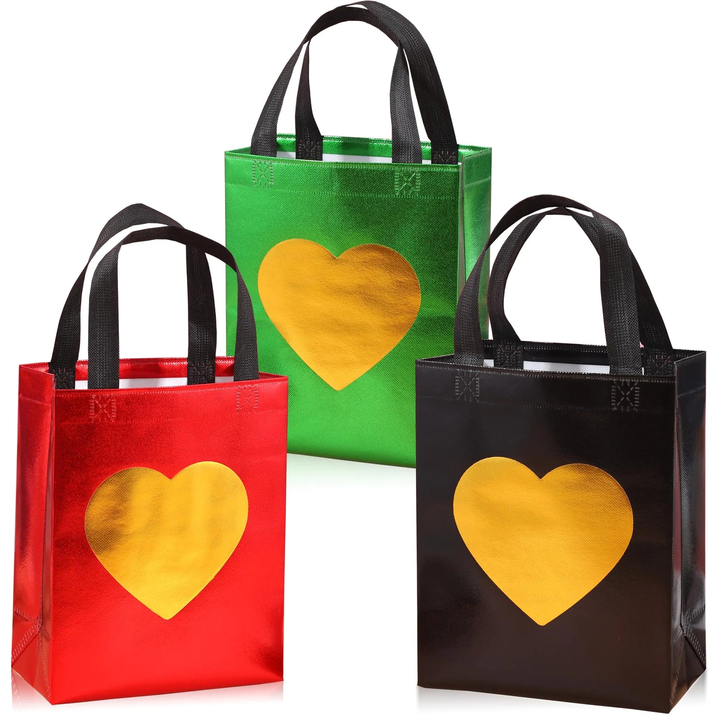 YINGZI 12 Gift Bags Printed With Shiny Love Logo 4 Red 4 Green And 4 Black Non-Woven Bags Reusable Gift Bags Birthday Bags Party Bags Christmas Bags 8x4x10 inch (Mixed)
