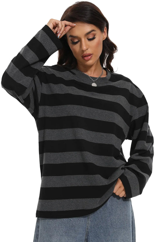 Harajuku Striped T-Shirt Oversized Grunge Clothes for Women Emo Shirts Long Sleeve Crewneck Tee Tops Black
