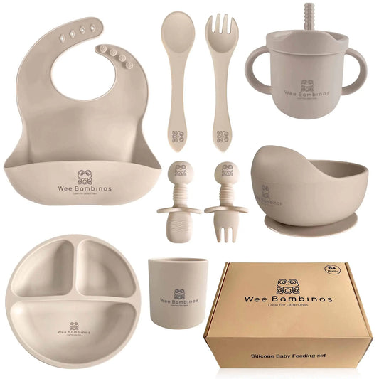 Wee Bambinos Silicone baby feeding set 10 pcs baby silicone feeding set baby plates and bowls set baby led weaning set baby plates and utensils set baby eating set platos para bebes Beige.