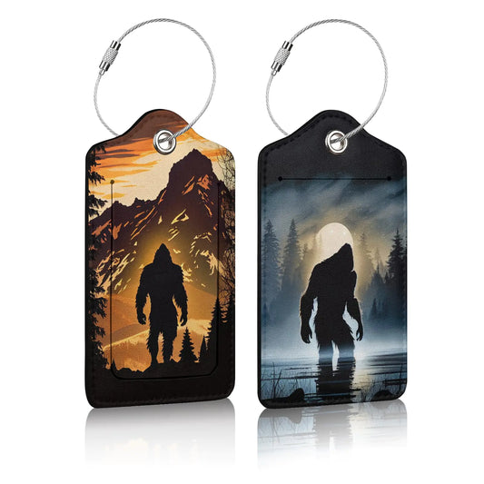 2 Pack Luggage Tag for Suitcases Bigfoot Mountains Forest Moon PU Leather Luggage Tag with Privacy Cover ID Label for Women Men Travel Cruise Baggage Handbag School Bag Backpack