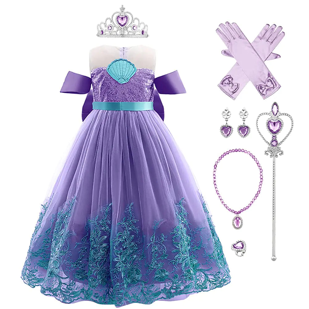 Kids Girls Little Mermaid Costume Ariel Princess Fancy Dress Up Birthday Party Halloween Christmas Carnival Cosplay Dresses + Crown + Jewelry Fairy Tales Outfit Set Purple 6-7 Years