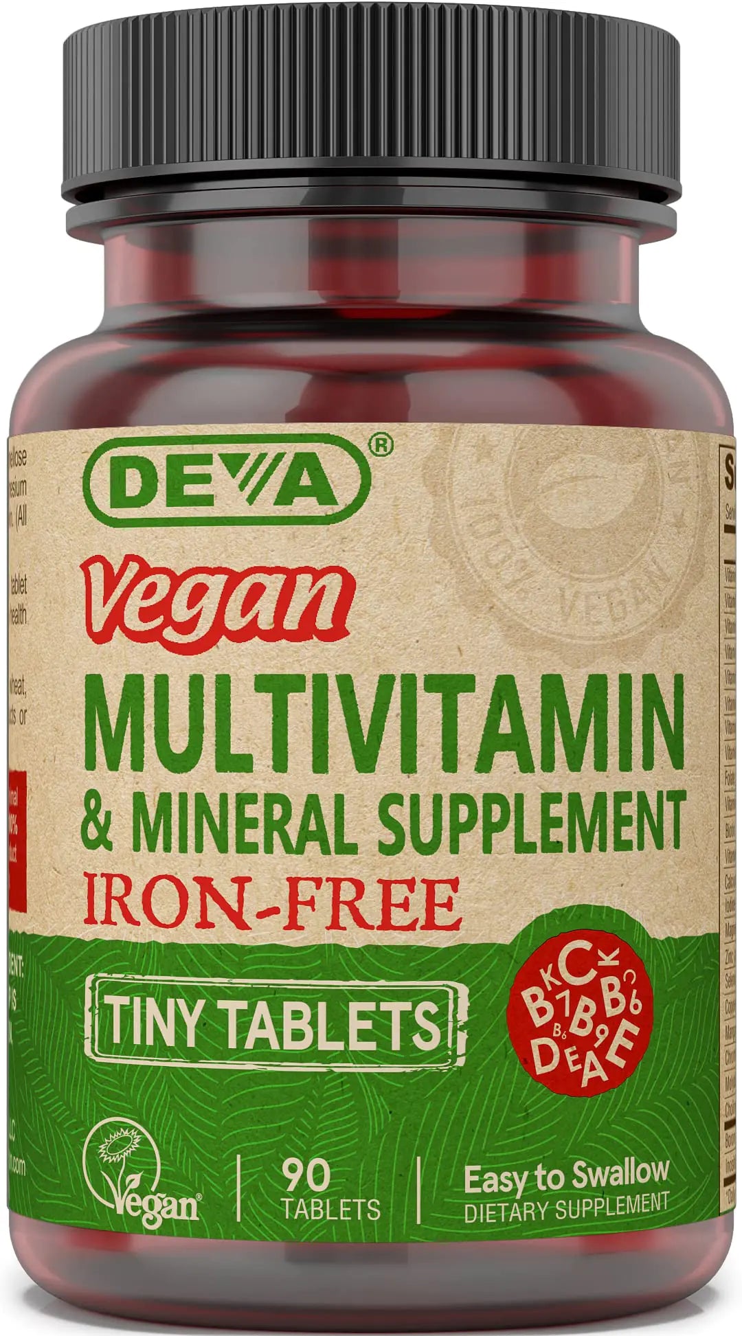 DEVA Tiny Tablets Vegan Multivitamins for Women & Men Multivitamin Iron Free Mineral Supplement Vitamin C Vitamin B Complex Vitamin B12 Vitamin E Zinc Gluten Free 90 Tablets