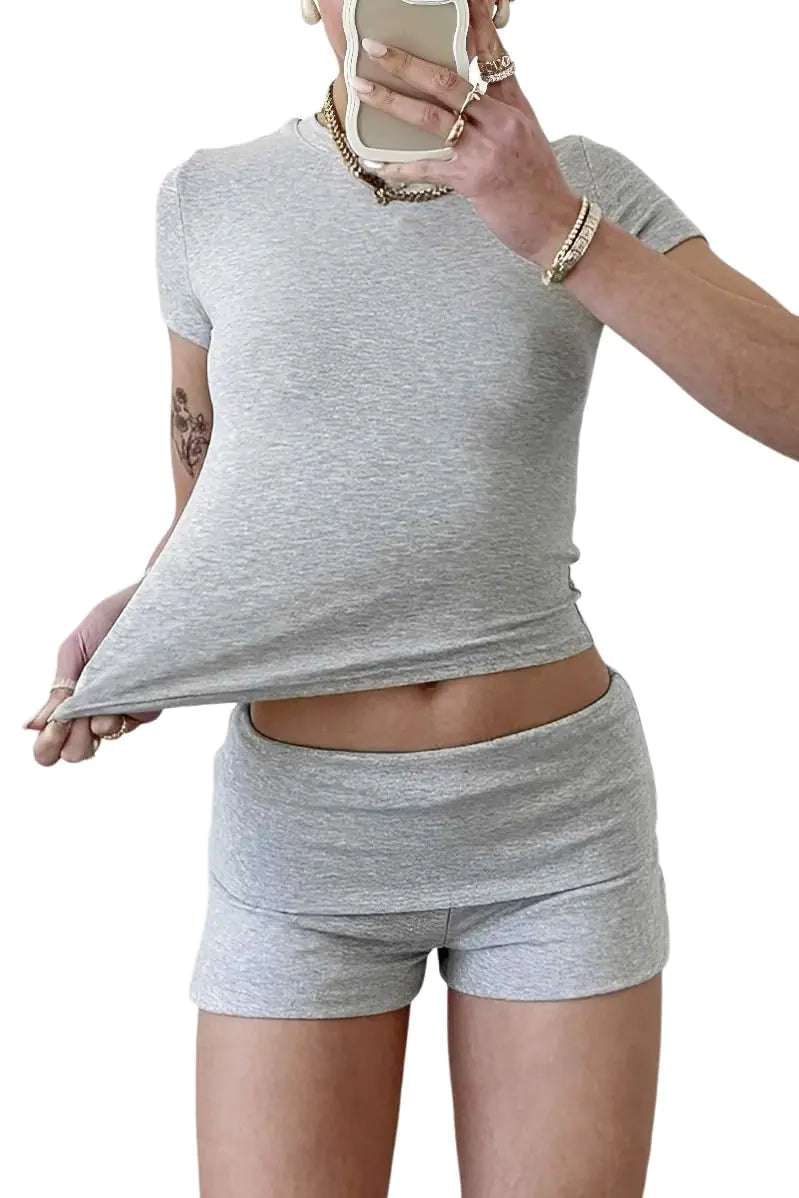YETOWA Womens Casual Workout Two Piece Outfits Slim Short Sleeve Low Waist Foldover Shorts Tracksuit Sets Streetwear