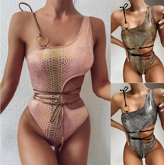 2020 Trending One-Shoulder Snake Print Bikini Set