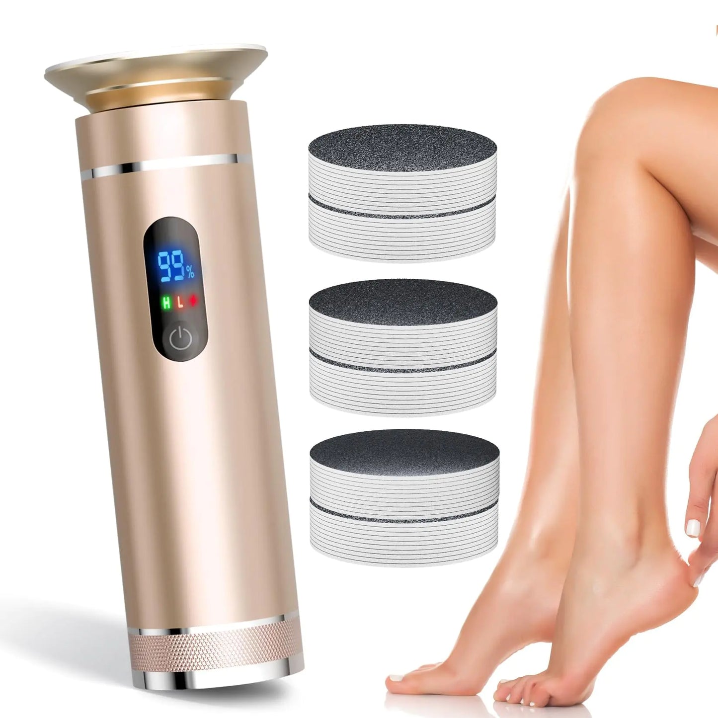 Ranrose Electric Feet Callus Remover: Rechargeable Electric Foot File with LCD Display Electronic Foot File Pedicure ToolsFeet Care for Dead Skin60 Sandpaper Discs (Gold)