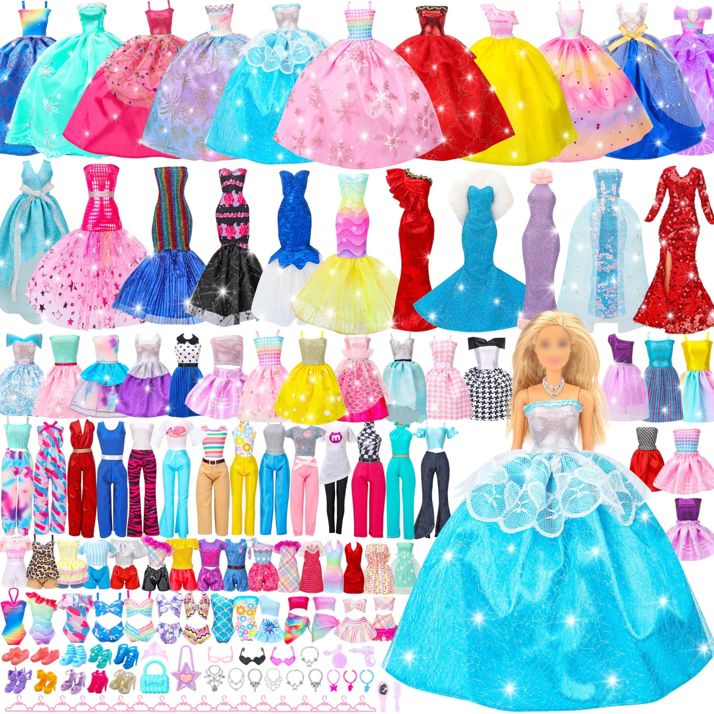 Style Shine 70 Pcs Doll Clothes and Accessories4 Wedding Gowns 2 Evening Dresses 8 Fashion Dresses 6 Set Casual Outfit Top and Pant 2 Swimsuit18 Hanger 10 Shoe 20 Accessories Toys for Girls Kid Gift