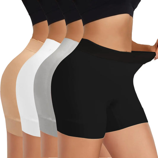 ZENUTA 4 Pack Slip Shorts for Women Under Dresses Seamless Anti Chafing Shorts Women Smooth Boy Shorts Underwear Summer(Short-4pcs Black White Nude Gray 3XL)