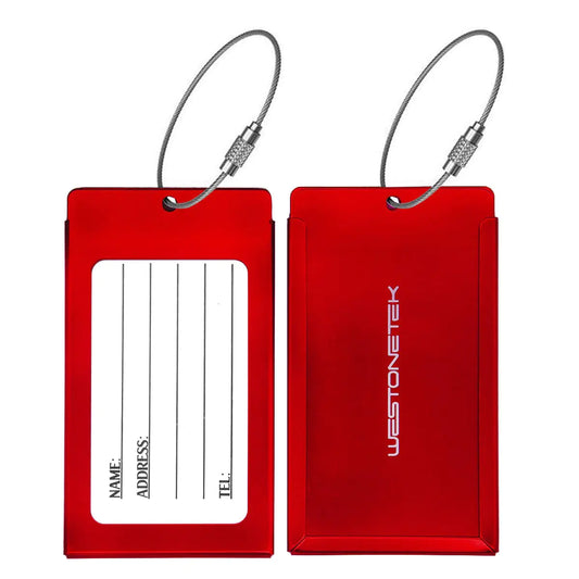 Pack of 2 Luggage Tags Aluminum Metal Travel ID Tag Business Card Holder Name Address Identifier Labels Suitcase Label with Steel Cable for Baggage Bag Red