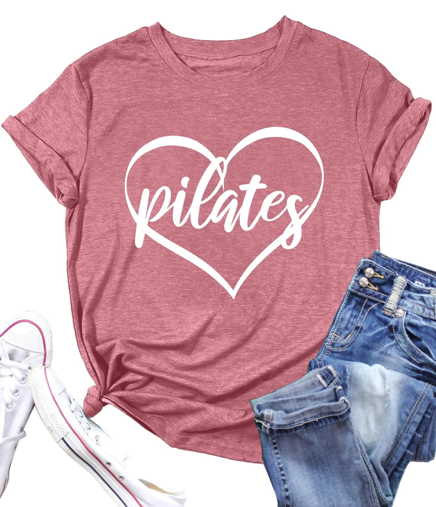 PECHAR Pilates Shirts for Women - Yoga Workout Graphic Heart Tees Sports Lover Tops Pilates Teacher Gifts Blouse T-Shirts Pink