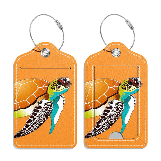 GDJEGE Luggage Tags for Suitcase 2 Pack PU Leather Travel Cruise Luggage Tag with Privacy Flap Name ID Label and Metal Loop for Women Men Girls Suitcase Baggage Bag Backpack Turtles Orange