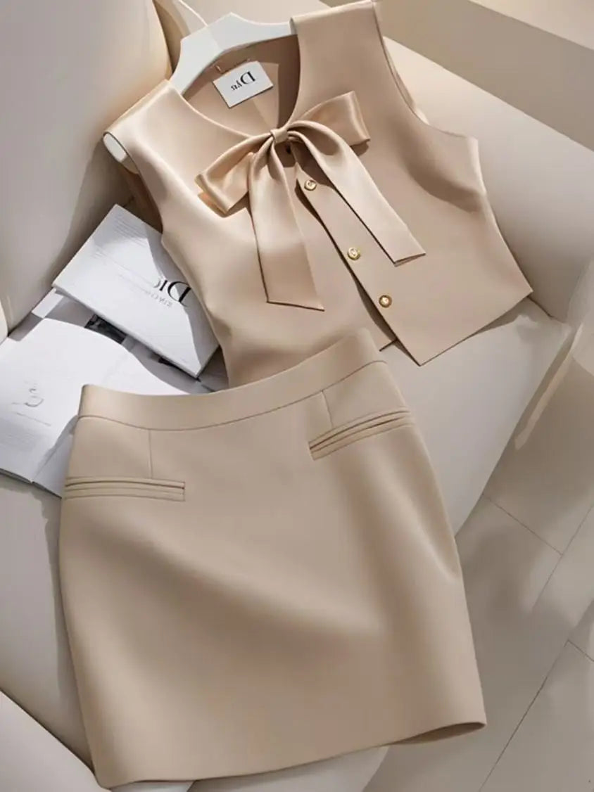 Summer New Elegant Women's Simple Outfits 2-Piece Set Fashion Bow Sleeveless Vest Top+Slim Mini Skirt High-End Office Lady Suit