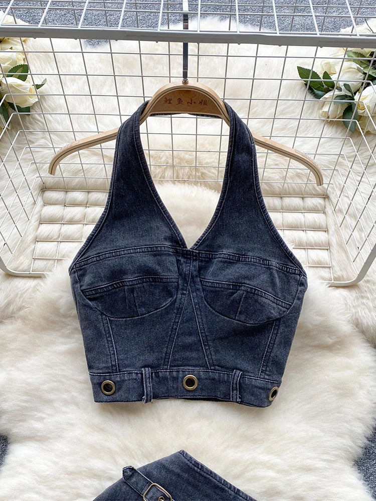 Women's Two Piece Sets Vintage Denim Crop Top with A-Line Mini Skirts Vintage Y2k Skirt Sets Outfits 2000s Fashion Clothes 2025