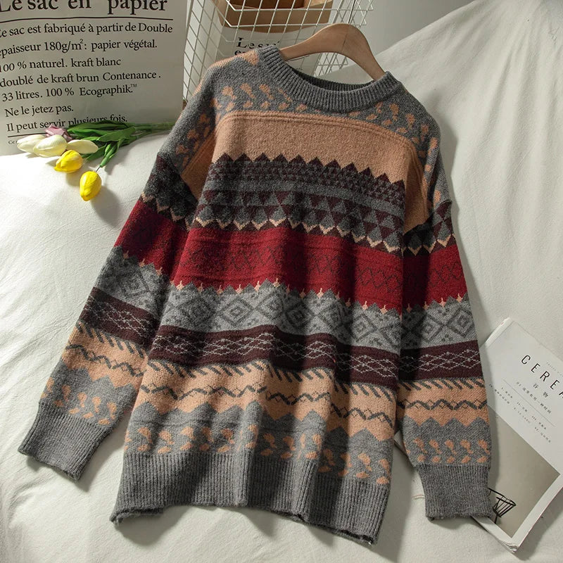 Sweater female art retro 2023 new fashion autumn and winter student Japanese diamond jacquard pullover sweater