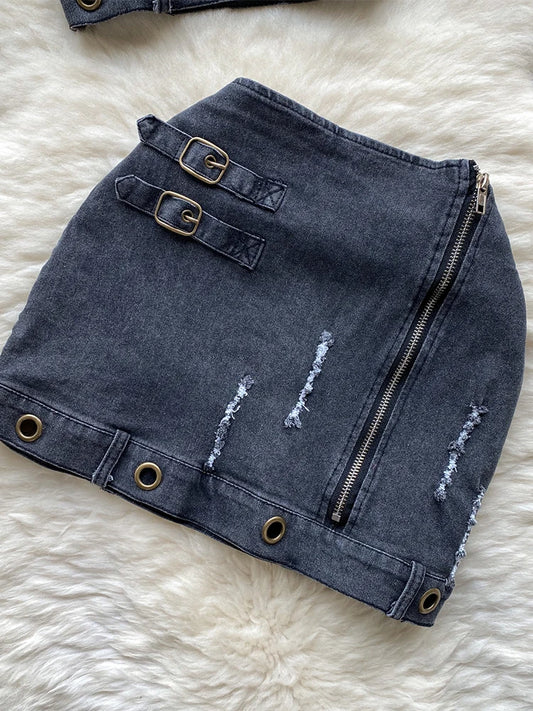 Women's Two Piece Sets Vintage Denim Crop Top with A-Line Mini Skirts Vintage Y2k Skirt Sets Outfits 2000s Fashion Clothes 2025