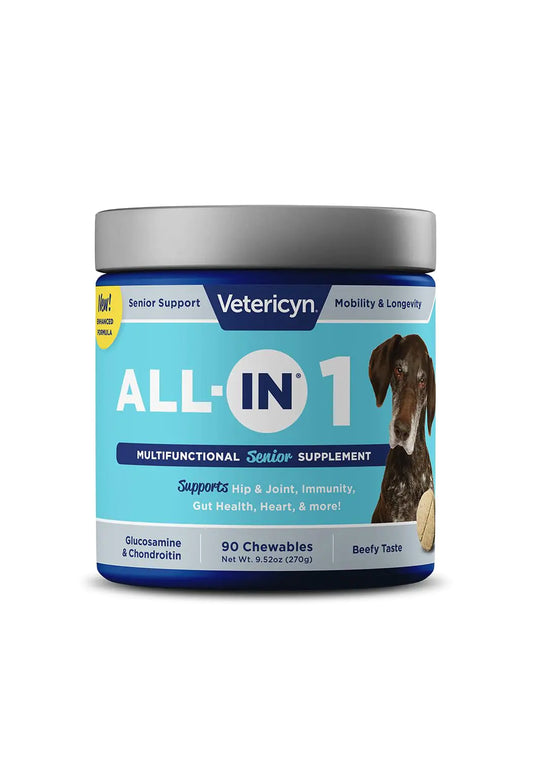 Vetericyn All-in 1 Multifunctional Senior Dog Supplement | Digestive Enzymes + Glucosamine Chondroitin for Hip and Joint Support + Vitamins Antioxidants Prebiotics Probiotics and Omegas. 90 Count