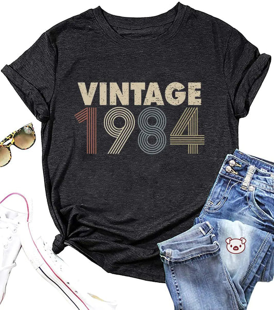 Vintage 1984 Shirts for Women Crewneck Hello Forty Top 40th Birthday Graphic Tees Dark Grey 1 M