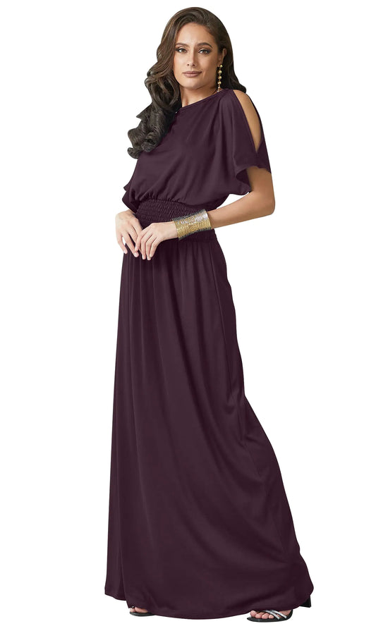 KOH KOH Womens Long Flowy Short Sexy Slit Sleeve Casual Summer Modest Full Floor Length Boat Neck Soft Tall Mother Bride Groom Maxi Dress Dresses Gown Gowns Maroon Wine Red S 4-6
